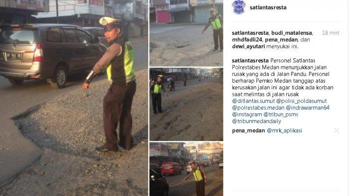 Polisi Memperbaiki jalan berlubang di medan